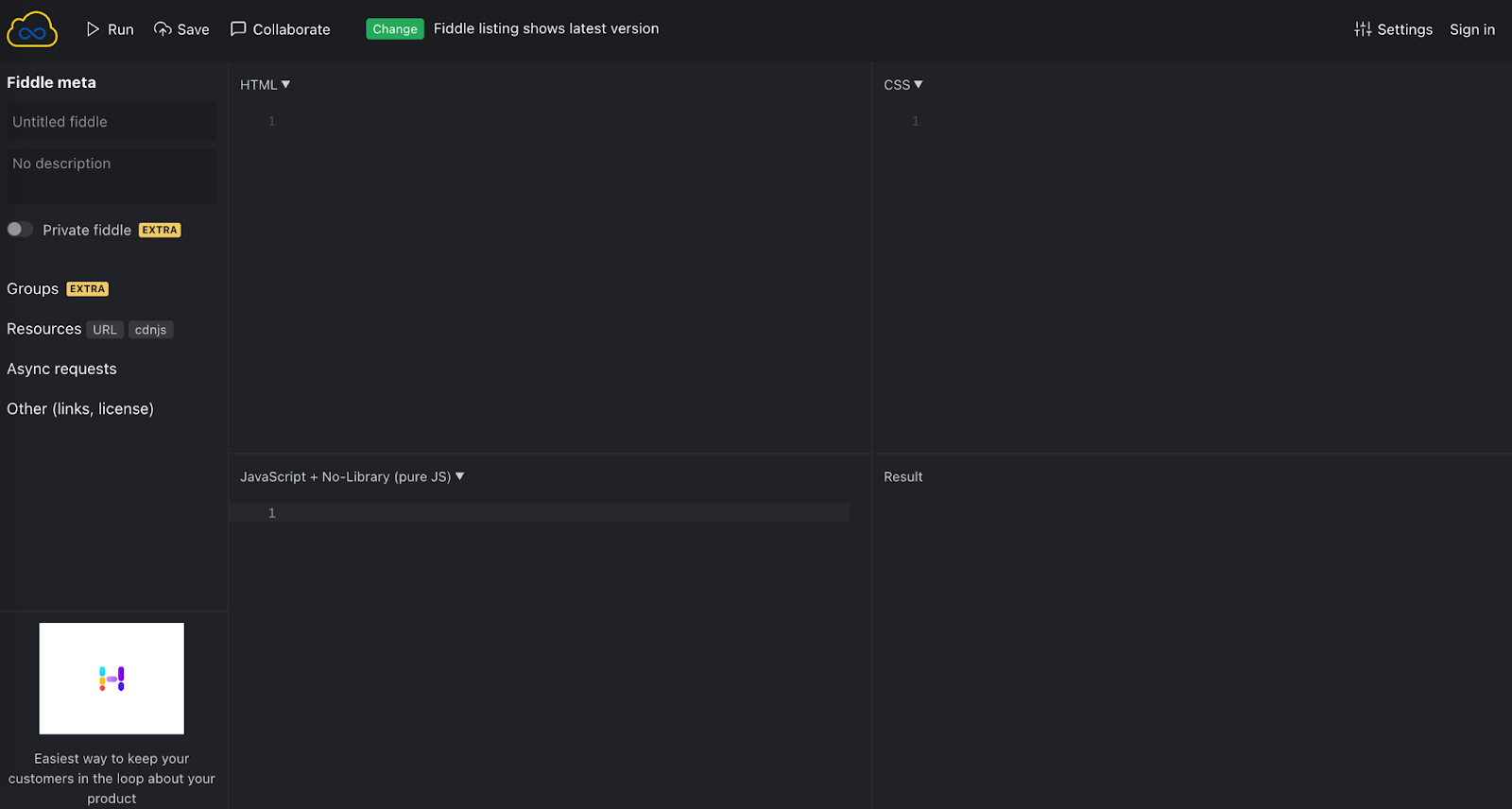 JSFiddle interface for testing JavaScript, HTML, and CSS code snippets with live preview.