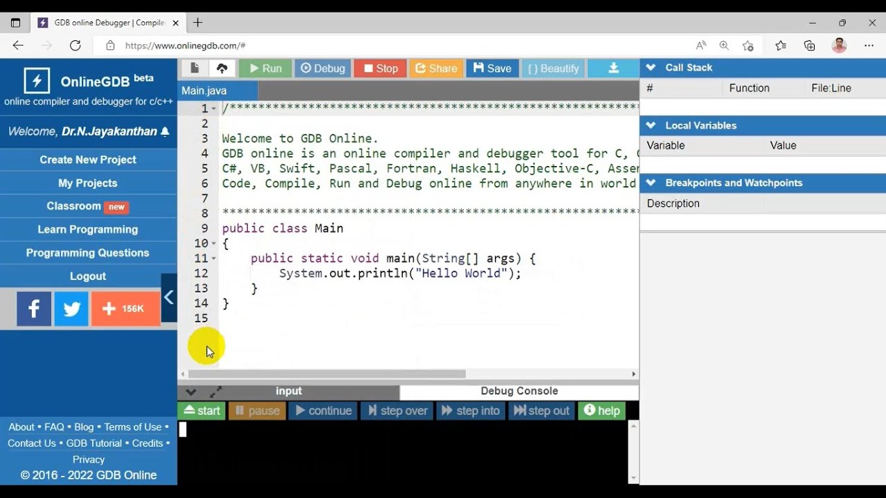 Online GDB compiler and debugger interface