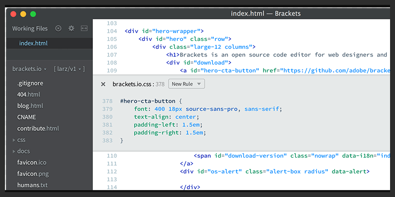 Brackets open source web design editor interface