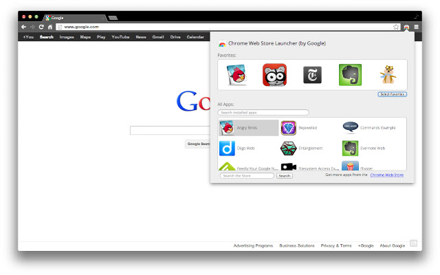 Chrome Web Store launcher icon and storefront interface showing extensions, themes, and apps available for Google Chrome browser