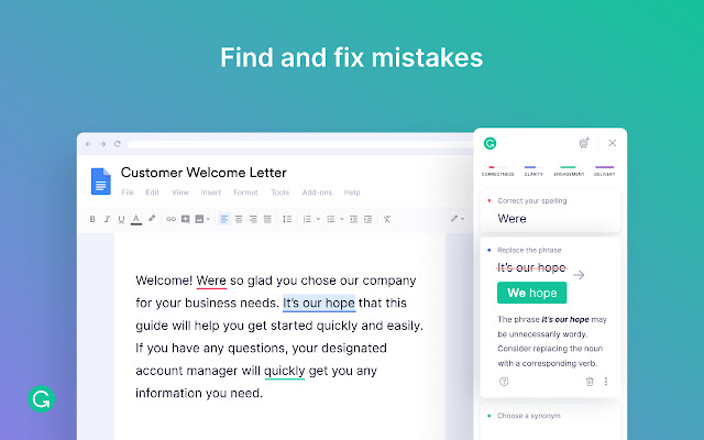 Grammarly Chrome extension interface showing real-time grammar and style suggestions while writing