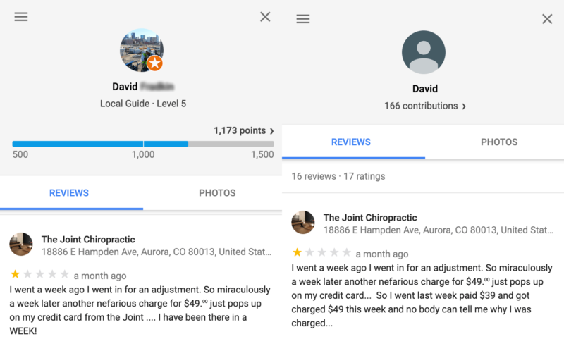 Suspicious review pattern example showing a Local Guide and a reviewer with the same first name