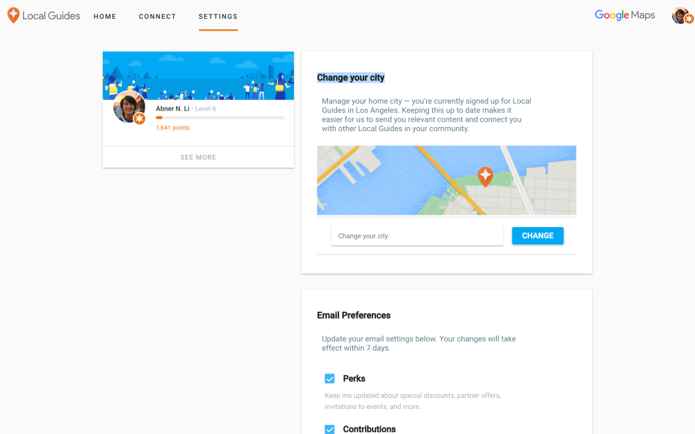 Google Local Guides old settings page showing email preferences and city selection