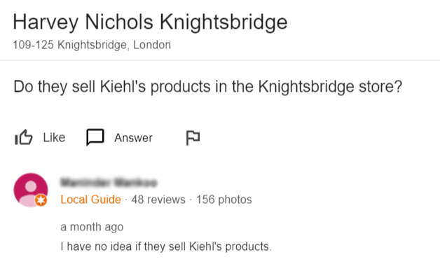 Google Q&A example showing unhelpful Local Guide responses for Harvey Nichols
