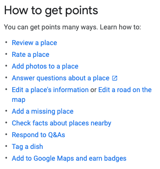 Google Local Guides point system chart showing how to earn points through reviews, photos, and other contributions