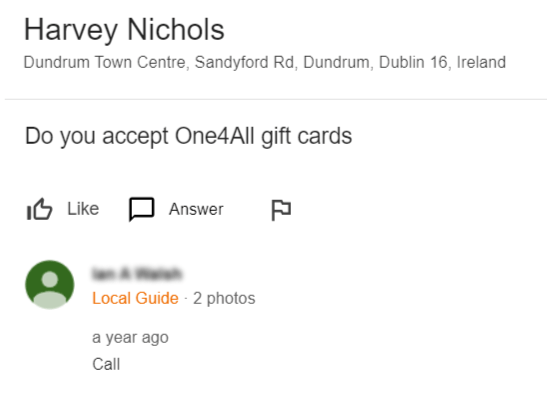 Local Guide response showing unhelpful alternative suggestion for Harvey Nichols