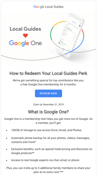 Google Local Guides perks and benefits including Google One membership and movie tickets