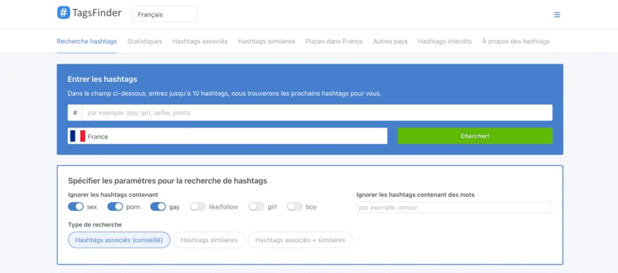Homepage of Tagsfinder hashtag generator