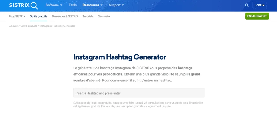 Homepage of Sistrix hashtag generator