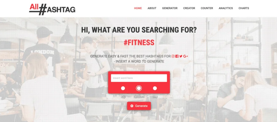 Homepage of All hashtag generator