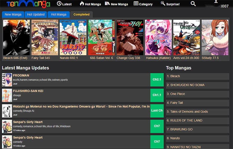 TenManga website with manga categories and surprise me feature