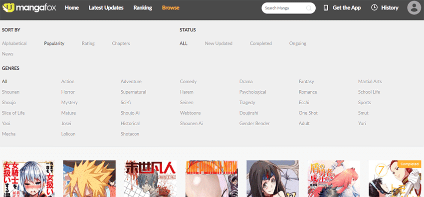 MangaFox website interface showing manga thumbnails and reading options