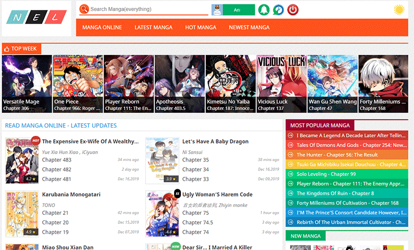 Manganelo website with vertical scroll feed and popular manga list