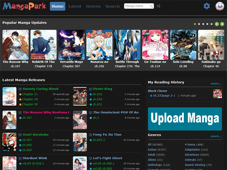 MangaPark website with theme options and advanced manga filters