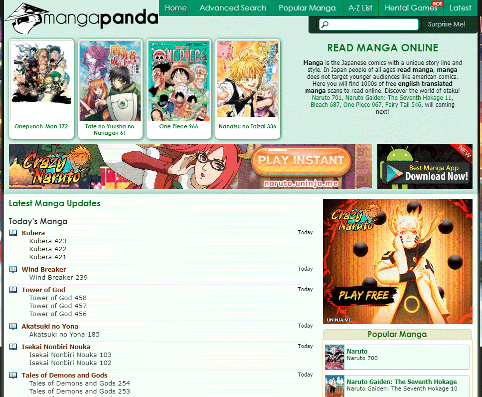 MangaPanda website with surprise me button and A-Z filter
