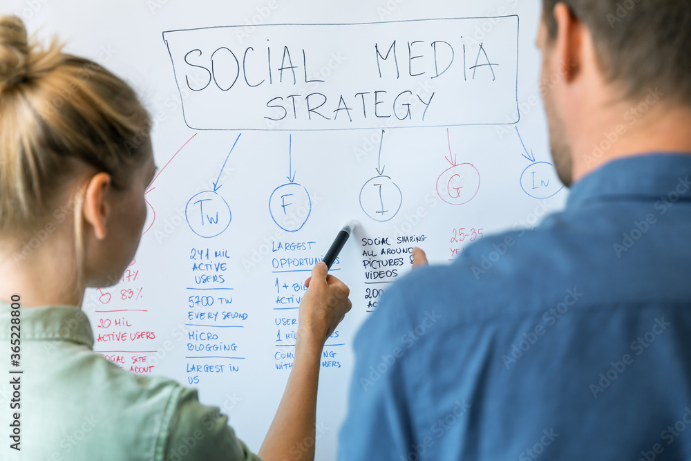 Social media and influencer marketing concept - people discussing strategy plan on whiteboard in office