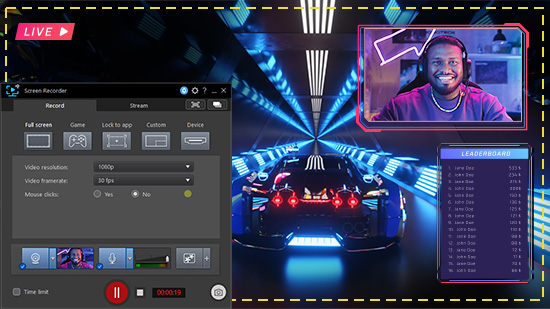 Laptop screen displaying a Windows screen recording interface with capture options for full screen, window, and webcam overlay.