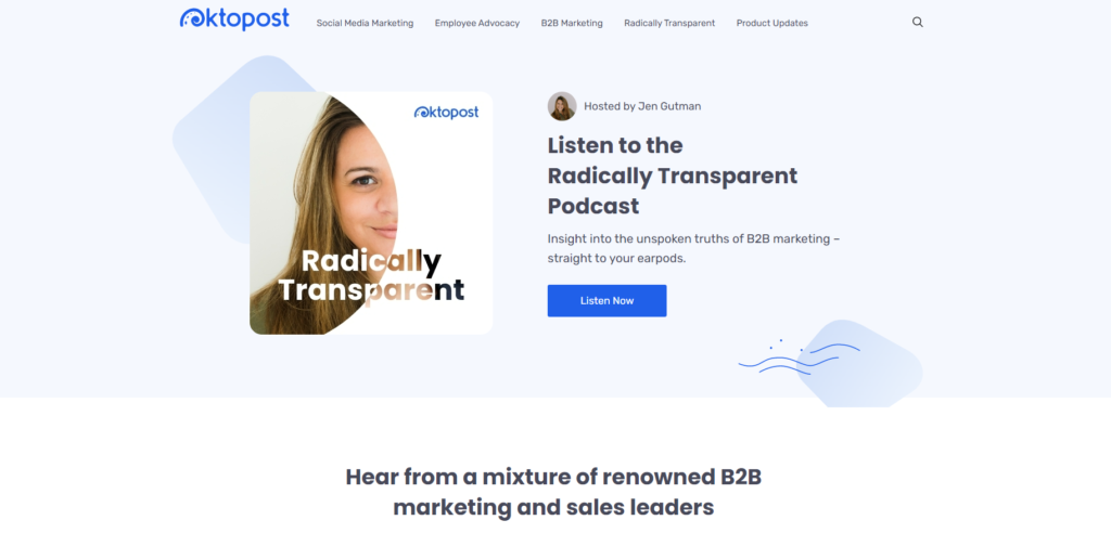 Oktopost Radically Transparent podcast cover art and website section showing episode list and call-to-action