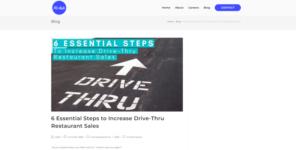 Hi Auto blog post about AI voice technology for drive-thru ordering, featuring headline and author info