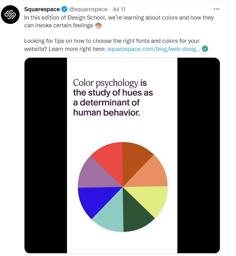 Squarespace Twitter post showcasing video content with caption about building a website, encouraging engagement and clicks