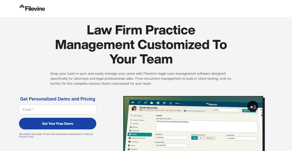 Filevine law firm product demo interface showing case management features and dashboard
