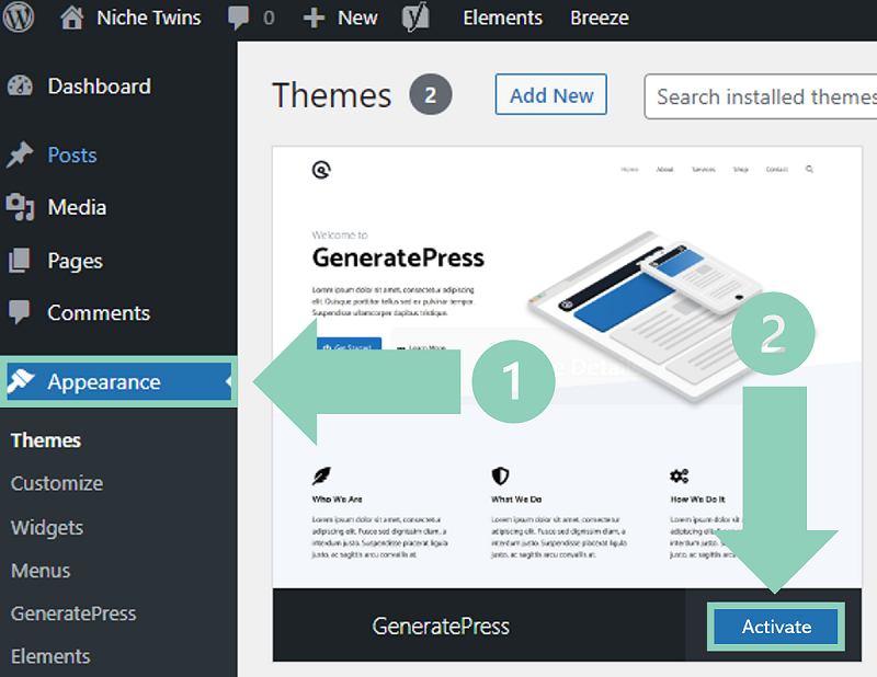 Activate theme in WordPress – screenshot showing Install vs Activate buttons