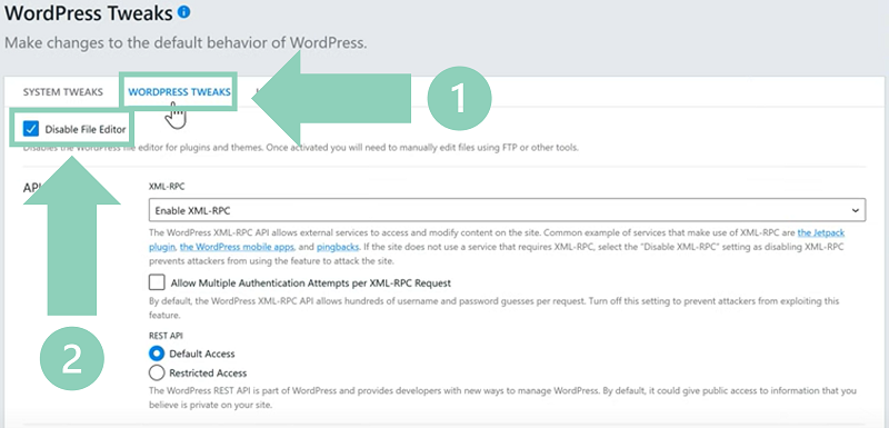 Disable File Editor setting under WordPress Tweaks tab in iThemes Security plugin
