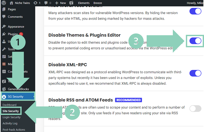 Disable Themes & Plugins Editor setting in SiteGround Security plugin – toggle to enable/disable