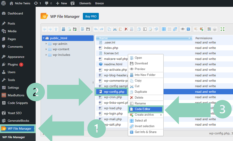 'wp-config.php' Code Editor within the WP File Manager plugin – highlighting the DISALLOW_FILE_EDIT line
