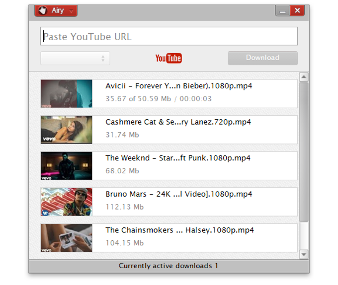 Airy YouTube Downloader for Mac showing paste URL field and MP4 download progress