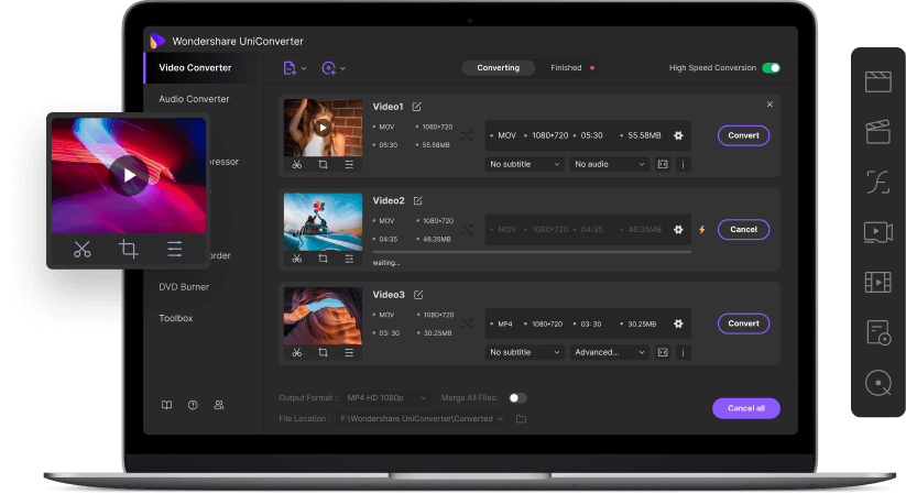 Wondershare UniConverter dashboard showing video conversion, download, and editing modules on a MacBook Pro
