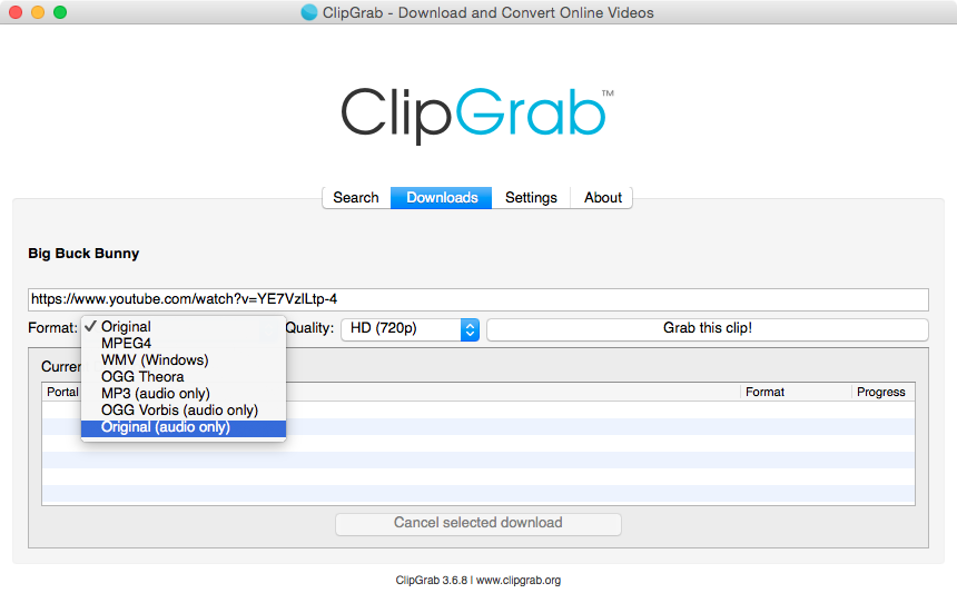 ClipGrab interface on macOS showing YouTube video search, format selection, and download button