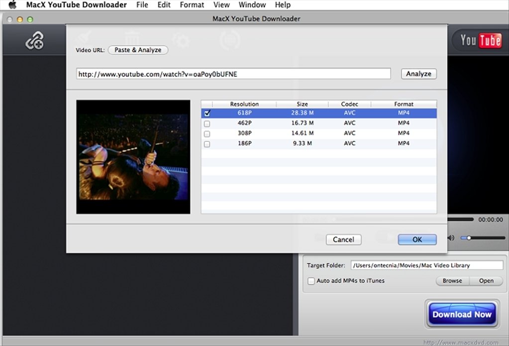 MacX YouTube Downloader interface on a Mac showing video download options and MP4 selection