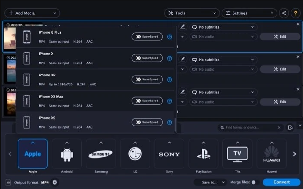 Movavi Video Converter Premium interface showing video conversion options and AI upscaling features on a Mac