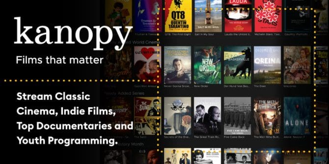 Kanopy logo in sleek white text on a black background, representing an ad-free educational and independent film streaming service accessible with a library card.