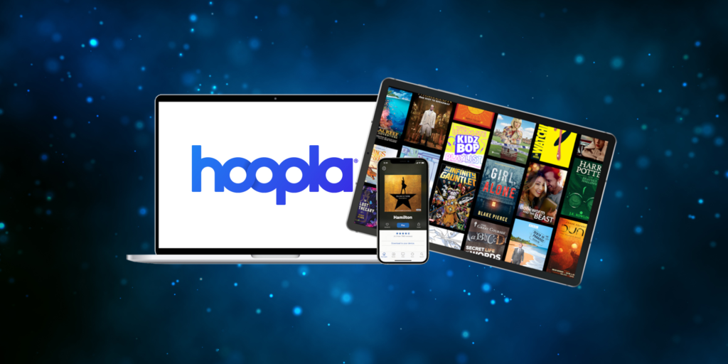 Hoopla Digital logo in bold blue and orange letters, indicating a library-based service offering free instant borrowing of movies, music, and audiobooks.
