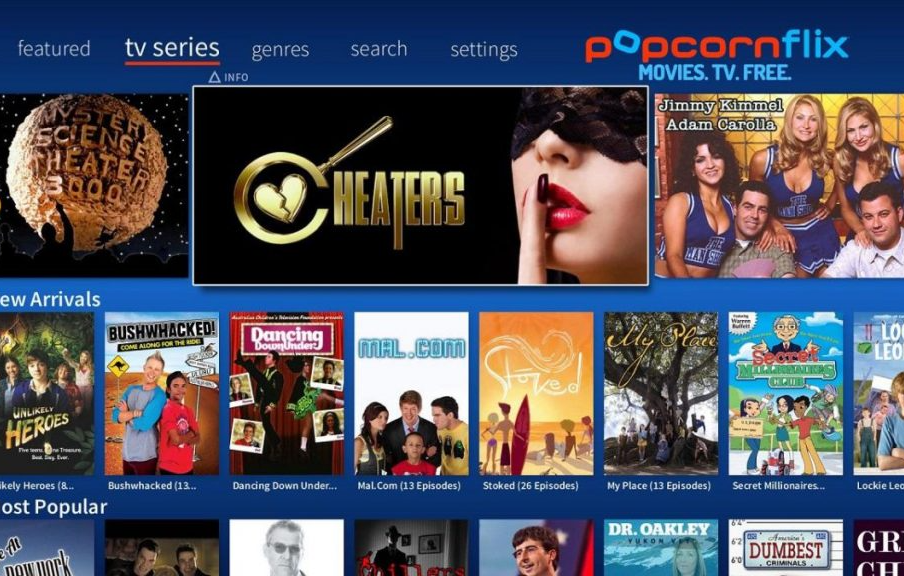 Popcornflix logo with a red stylized popcorn box icon, representing a fully licensed ad-supported streaming service offering quick access to popular movies.