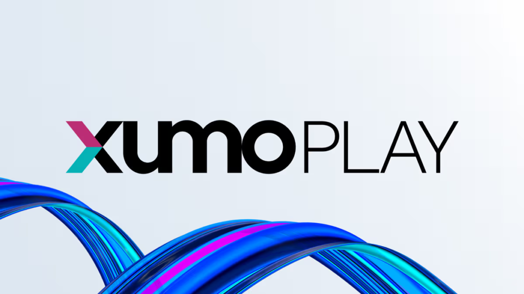 XUMO Play logo with a purple play button icon, indicating a free ad-supported streaming service offering over 190 live and on-demand channels.
