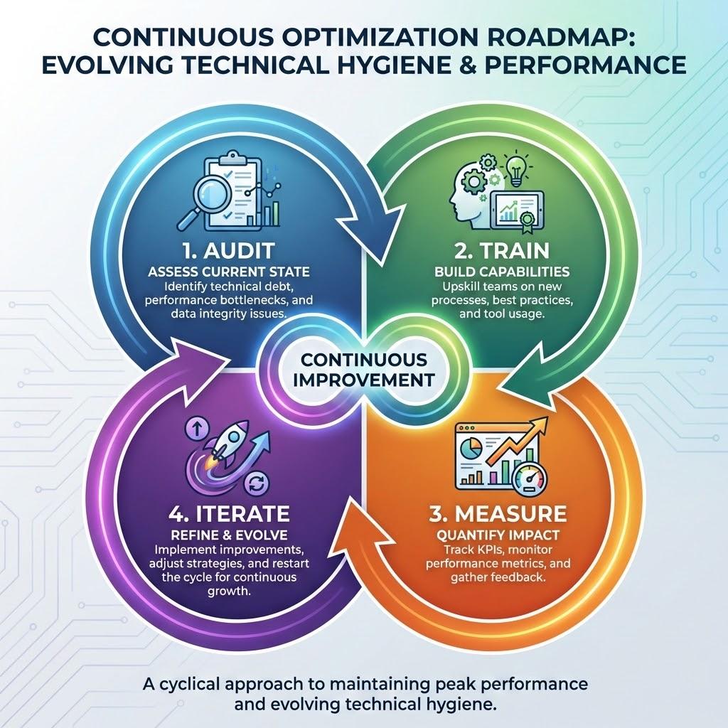 The agency's infographic of SFMC's four-step development roadmap: Test, Train, Scale, and Iterate, emphasizing continuous improvement and technical cleanliness after going live.