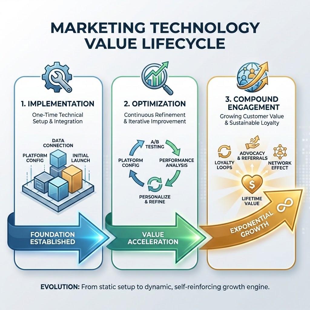 Beyond Implementation: Why You Need a Salesforce Marketing Cloud Agency 2 Infographic showing the Salesforce Marketing Cloud lifecycle: Implementation leads to Optimization, which drives Compound Engagement and durable ROI.