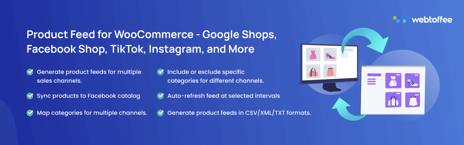 Product Feed for WooCommerce plugin interface showing feed configuration and channel settings