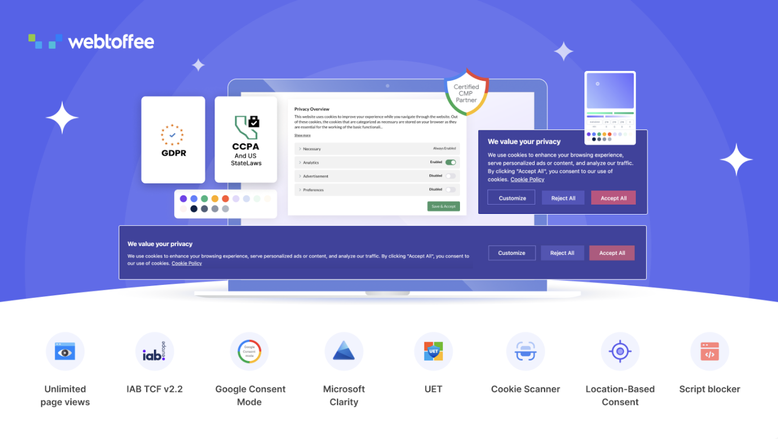GDPR Cookie Consent plugin banner with accept/reject options and cookie scanner interface