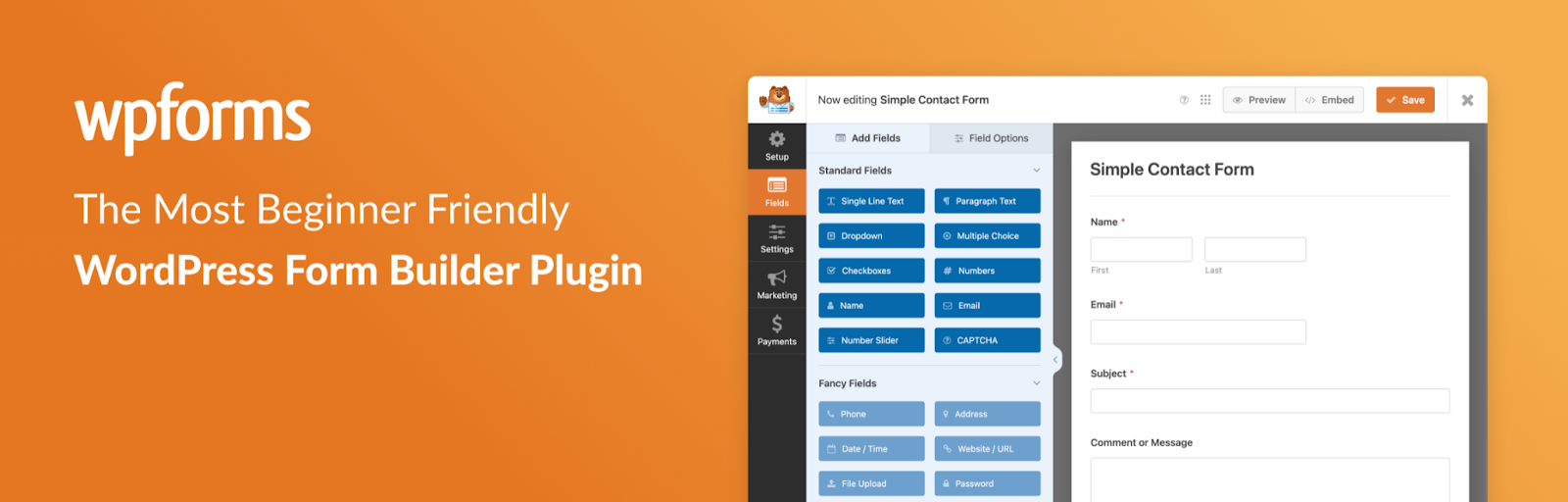 WPForms drag-and-drop form builder interface with pre-built templates