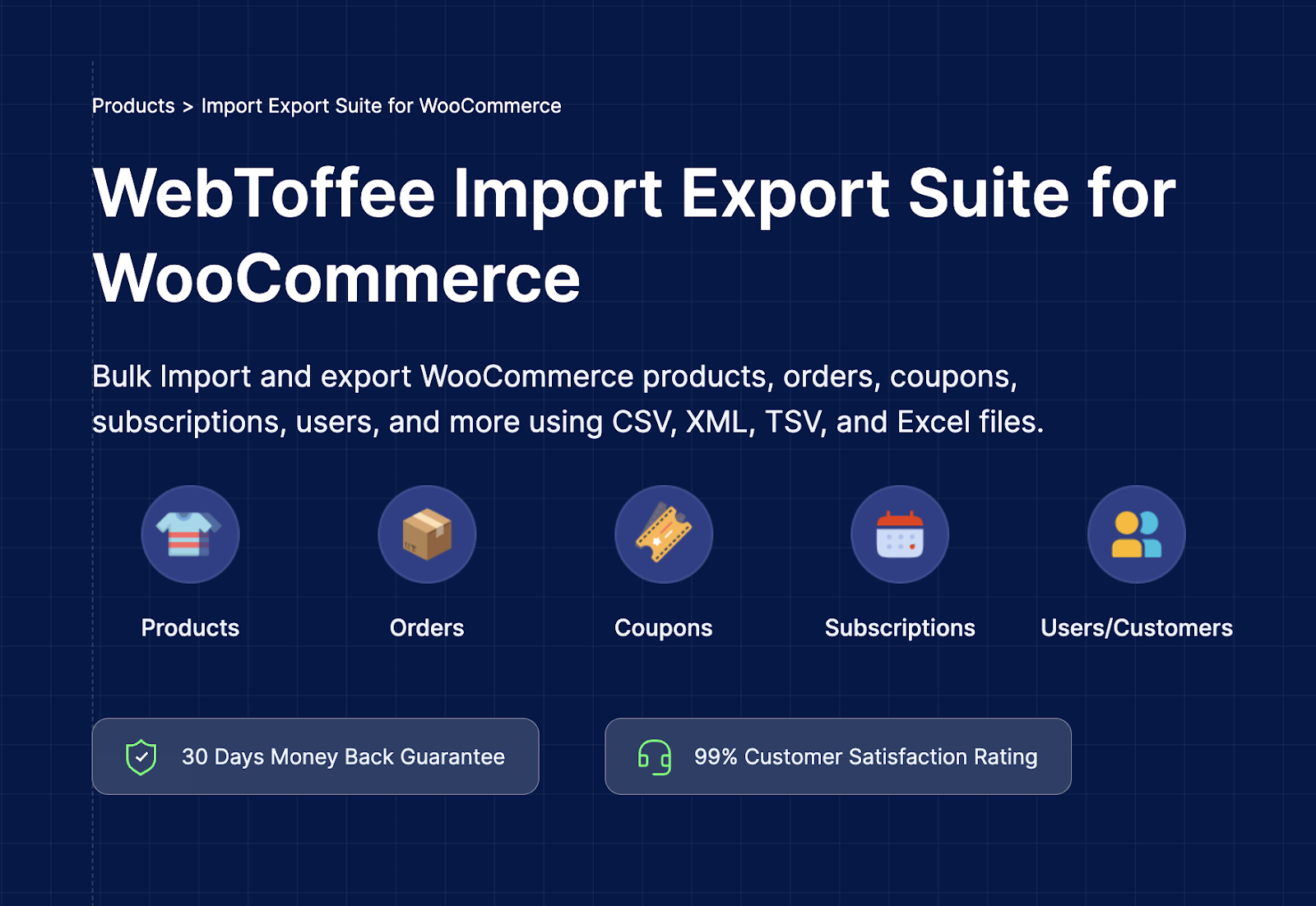 Import Export Suite for WooCommerce dashboard with product import/export options and scheduled jobs