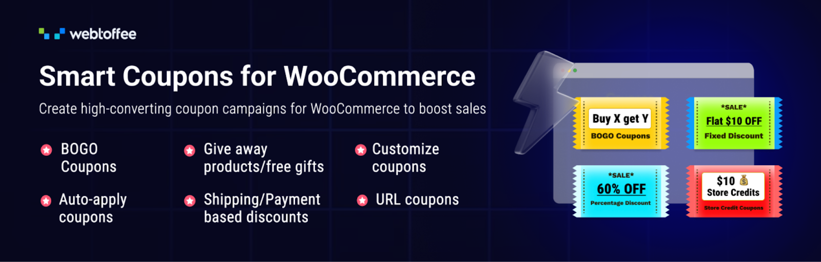 Smart Coupons dashboard with BOGO deals, store credits, gift cards and conditional discount settings