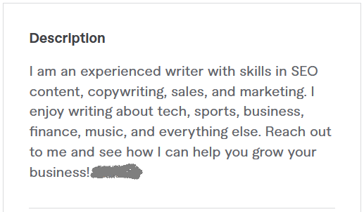 fiverr profile description example 1 - seo content writing gig
