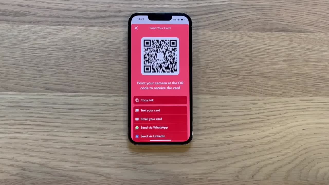Blinq digital business card app interface showing QR code sharing and contact management