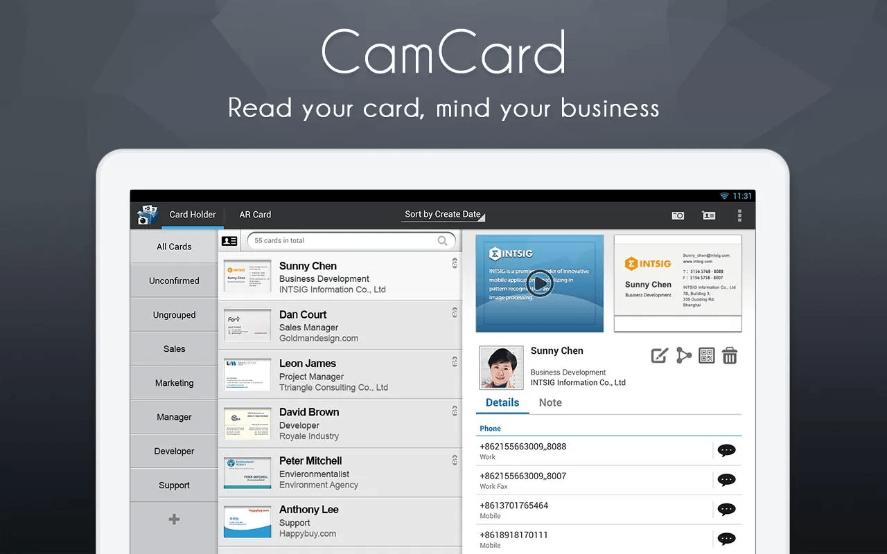 CamCard business card scanning app interface showing digitized paper cards