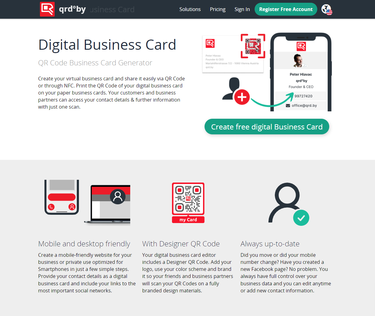 QRD digital business card app logo and interface showing QR code designer