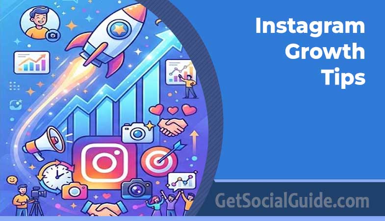 Graphic for Instagram Growth Tips with rocket and social icons.